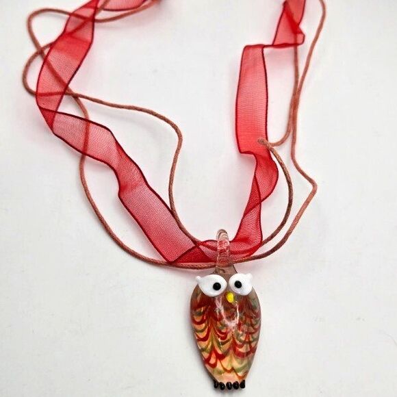 Hand Blown Art Glass Owl Set 17" Ribbon and Cord Necklace Dangle Hook Earrings - Picture 2 of 7